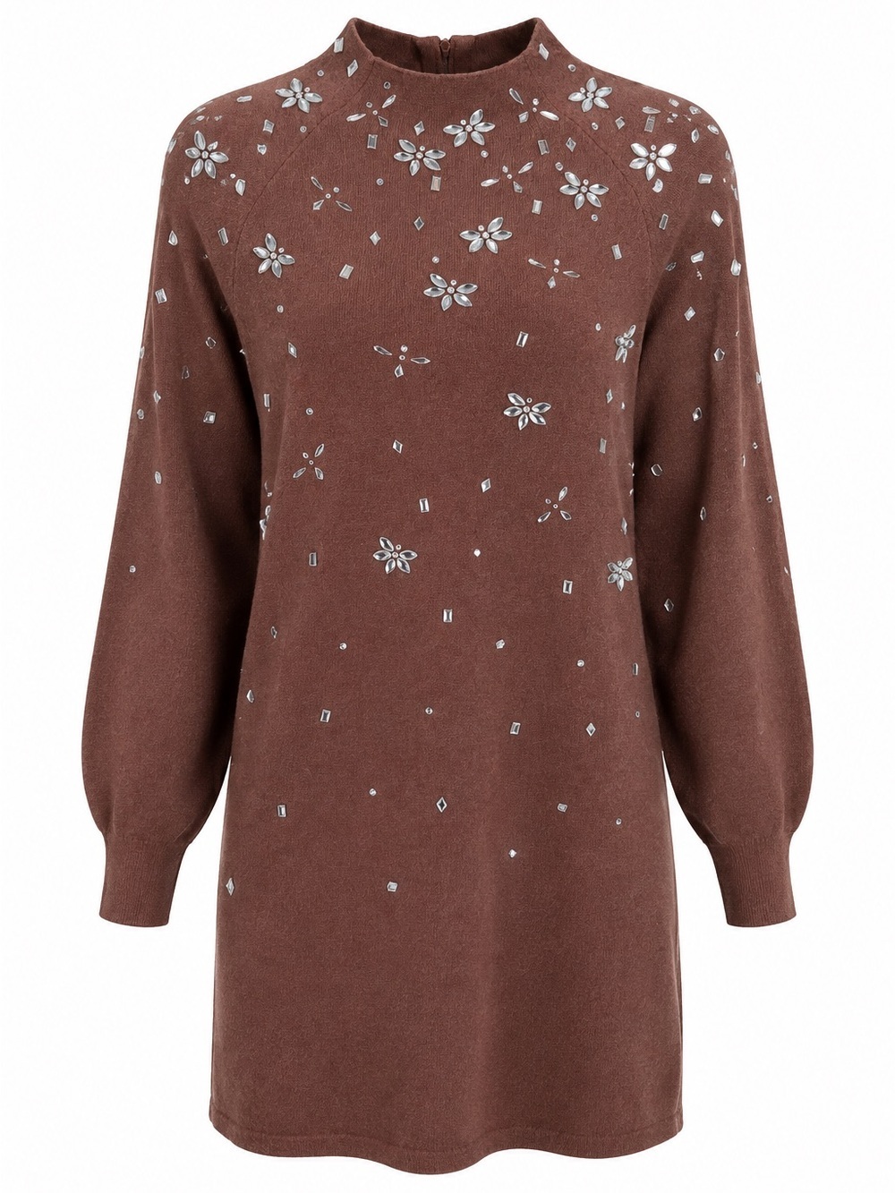 Anthropologie Sweater Dress ChocolateBrown Crystal Mock Neck Balloon Small